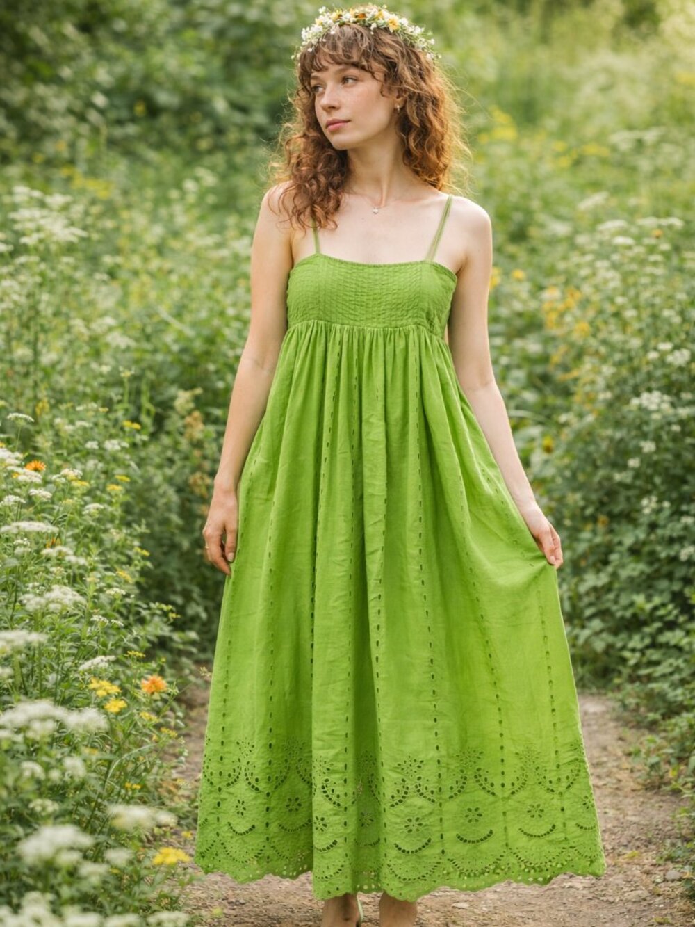 Zara NWT Green Eyelet Maxi Dress Size M Spaghetti Strap